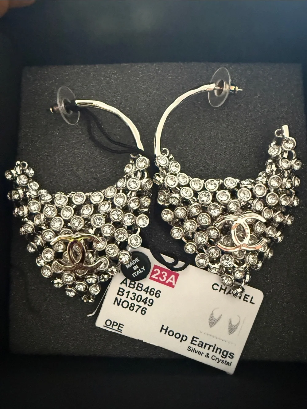 Authentic- CHANEL Crystal Pavé Hoop Earrings - Silver Tone
